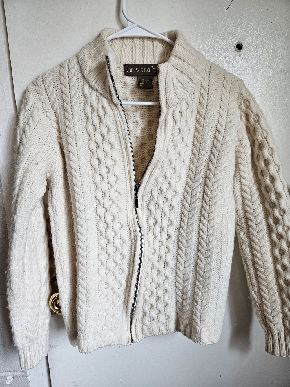 Inis Crafts Cream 100% Merino Wool Zip-Up Cable Sweater